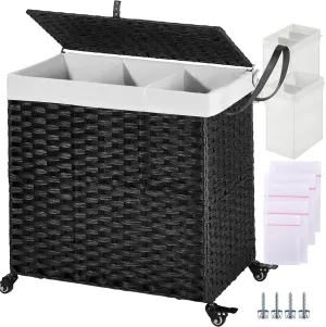 Greenstell Laundry Hamper with Wheels&Lid, 130L Large 3 Sections Clothes Hamper with 2 Types Removable Liner Bags, 5 Mesh Laundry Bags, Handwoven Divided Laundry Basket Black