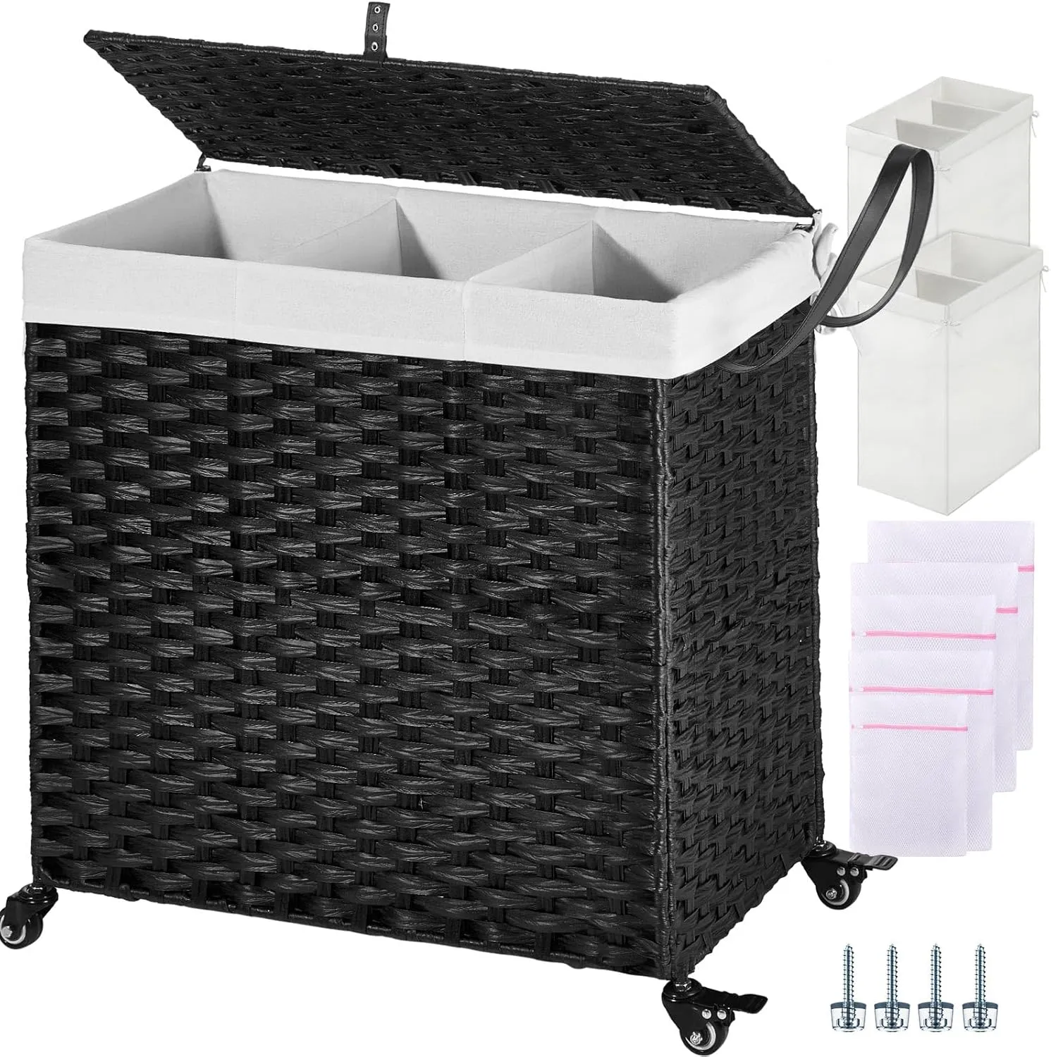 Greenstell Laundry Hamper with Wheels&Lid, 130L Large 3 Sections Clothes Hamper with 2 Types Removable Liner Bags, 5 Mesh Laundry Bags, Handwoven Divided Laundry Basket Black