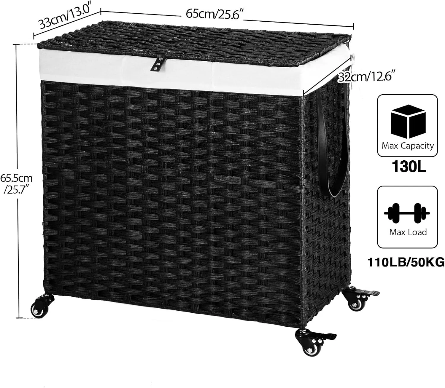Greenstell Laundry Hamper with Wheels&Lid, 130L Large 3 Sections Clothes Hamper with 2 Types Removable Liner Bags, 5 Mesh Laundry Bags, Handwoven Divided Laundry Basket Black