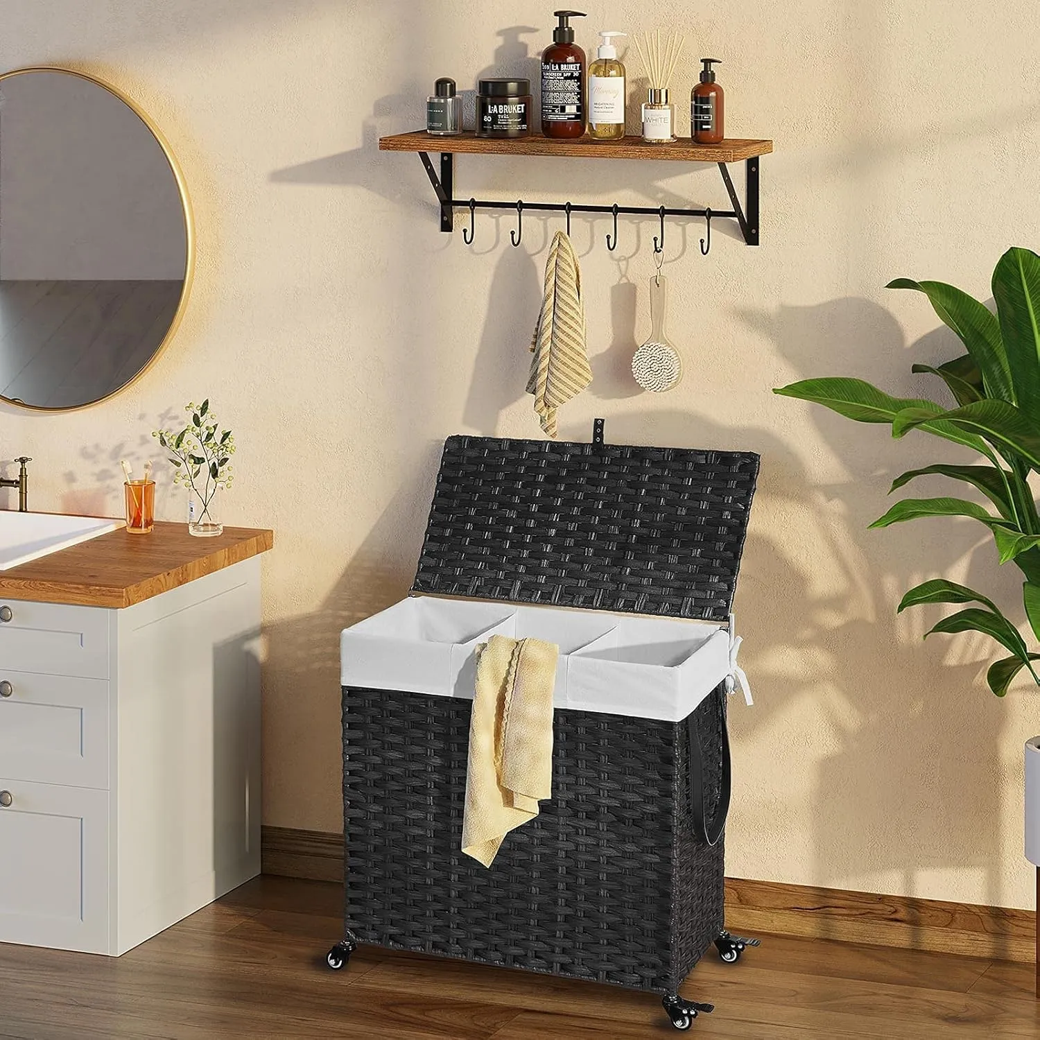 Greenstell Laundry Hamper with Wheels&Lid, 130L Large 3 Sections Clothes Hamper with 2 Types Removable Liner Bags, 5 Mesh Laundry Bags, Handwoven Divided Laundry Basket Black