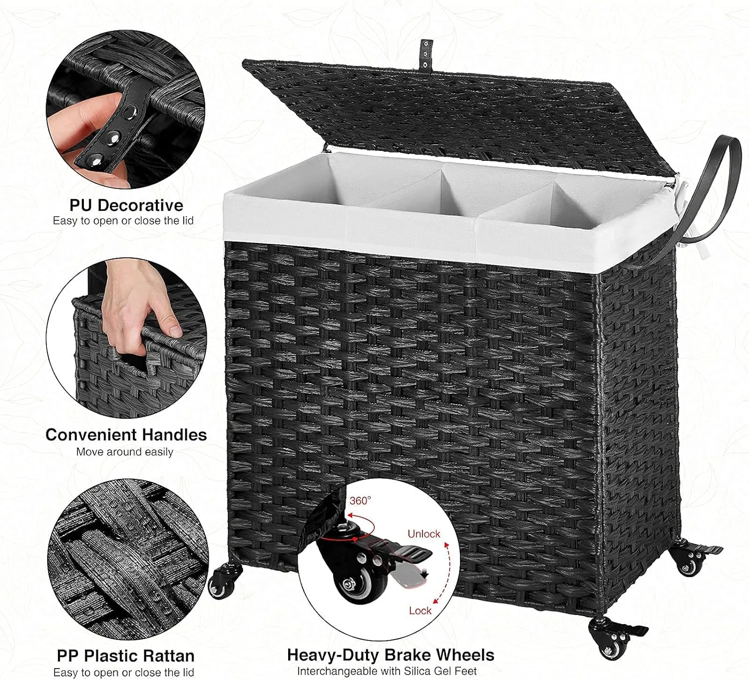 Greenstell Laundry Hamper with Wheels&Lid, 130L Large 3 Sections Clothes Hamper with 2 Types Removable Liner Bags, 5 Mesh Laundry Bags, Handwoven Divided Laundry Basket Black