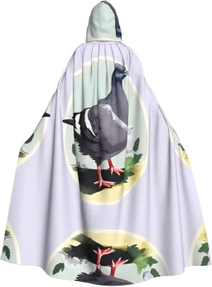 Grey Pigeon Print Print Halloween Cloak Men Cape Renaissance Cloak With Hood, For Adult Cosplay Party Costume