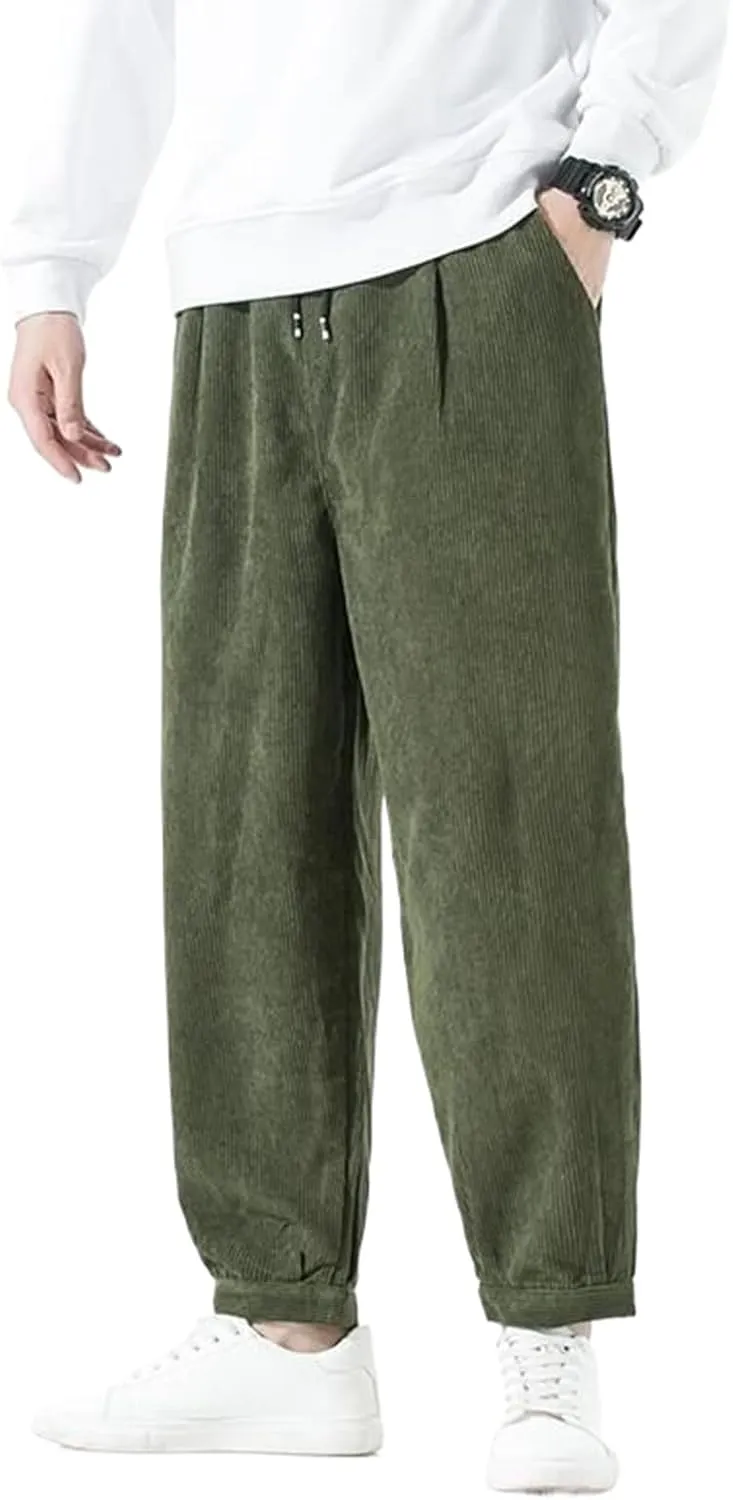 GUOYUXIAO Autumn Chinese Style Men's Loose Corduroy Harem Pants with Drawstring,Wide-Leg Casual Pants for Men