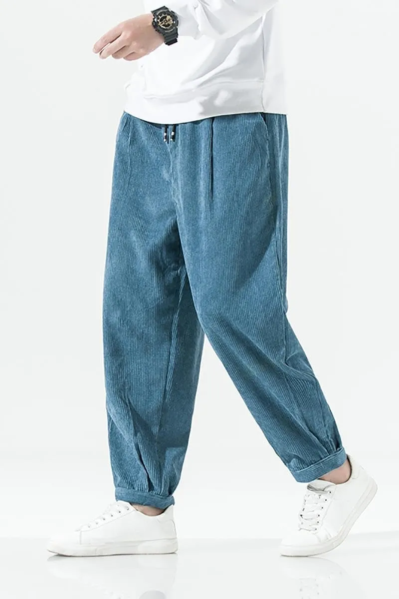 GUOYUXIAO Autumn Chinese Style Men's Loose Corduroy Harem Pants with Drawstring,Wide-Leg Casual Pants for Men