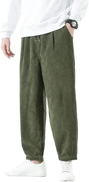 GUOYUXIAO Autumn Chinese Style Men's Loose Corduroy Harem Pants with Drawstring,Wide-Leg Casual Pants for Men