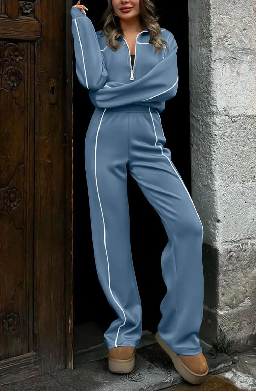 HAEOF Women 2 Piece Sweatsuit 2025 Fall Outfits Long Sleeve Zip Up Sweatshirt Jogger Pants Machting Lounge Sets Tracksuit