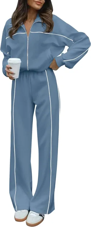 HAEOF Women 2 Piece Sweatsuit 2025 Fall Outfits Long Sleeve Zip Up Sweatshirt Jogger Pants Machting Lounge Sets Tracksuit