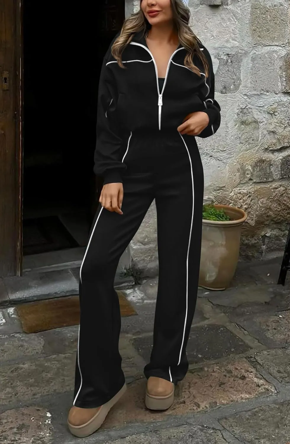 HAEOF Women 2 Piece Sweatsuit 2025 Fall Outfits Long Sleeve Zip Up Sweatshirt Jogger Pants Machting Lounge Sets Tracksuit