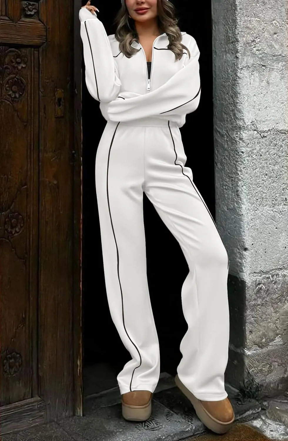 HAEOF Women 2 Piece Sweatsuit 2025 Fall Outfits Long Sleeve Zip Up Sweatshirt Jogger Pants Machting Lounge Sets Tracksuit