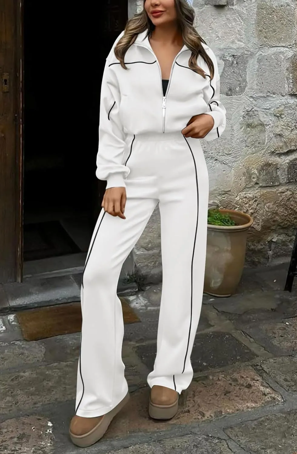 HAEOF Women 2 Piece Sweatsuit 2025 Fall Outfits Long Sleeve Zip Up Sweatshirt Jogger Pants Machting Lounge Sets Tracksuit
