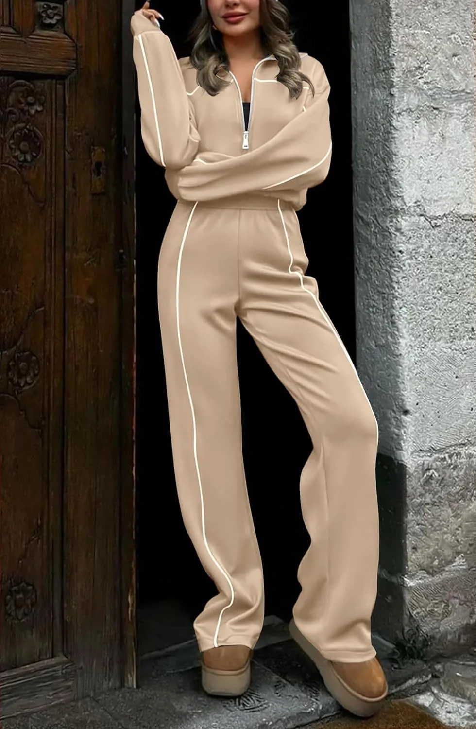 HAEOF Women 2 Piece Sweatsuit 2025 Fall Outfits Long Sleeve Zip Up Sweatshirt Jogger Pants Machting Lounge Sets Tracksuit