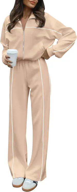 HAEOF Women 2 Piece Sweatsuit 2025 Fall Outfits Long Sleeve Zip Up Sweatshirt Jogger Pants Machting Lounge Sets Tracksuit