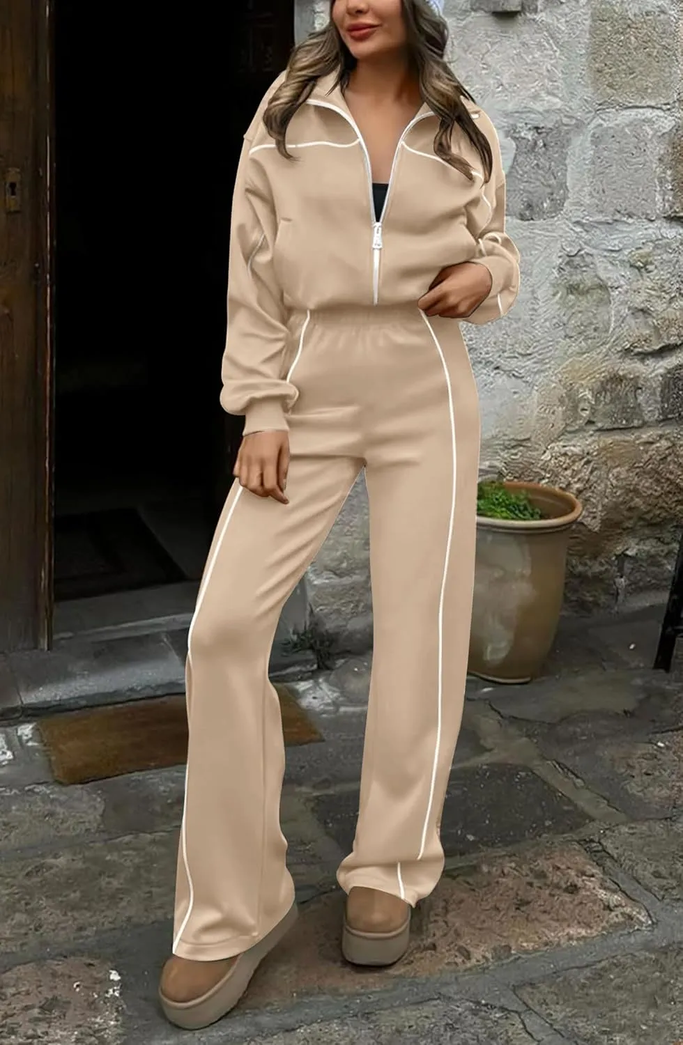 HAEOF Women 2 Piece Sweatsuit 2025 Fall Outfits Long Sleeve Zip Up Sweatshirt Jogger Pants Machting Lounge Sets Tracksuit
