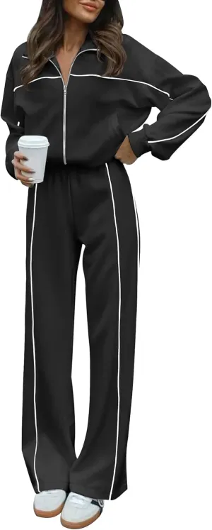 HAEOF Women 2 Piece Sweatsuit 2025 Fall Outfits Long Sleeve Zip Up Sweatshirt Jogger Pants Machting Lounge Sets Tracksuit
