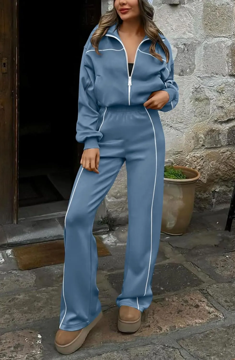 HAEOF Women 2 Piece Sweatsuit 2025 Fall Outfits Long Sleeve Zip Up Sweatshirt Jogger Pants Machting Lounge Sets Tracksuit