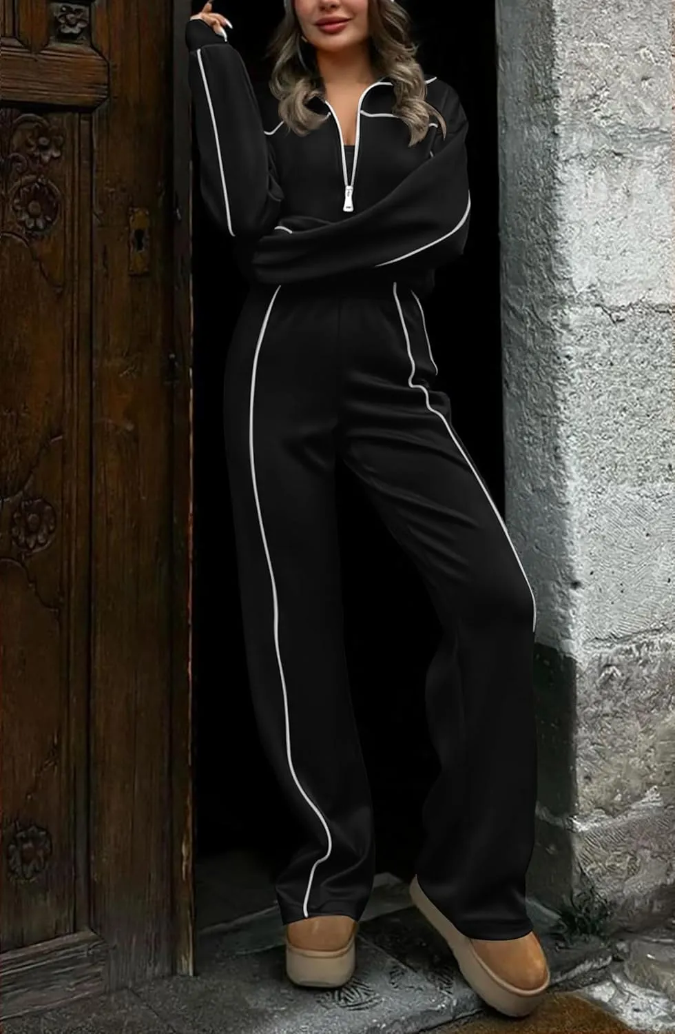 HAEOF Women 2 Piece Sweatsuit 2025 Fall Outfits Long Sleeve Zip Up Sweatshirt Jogger Pants Machting Lounge Sets Tracksuit