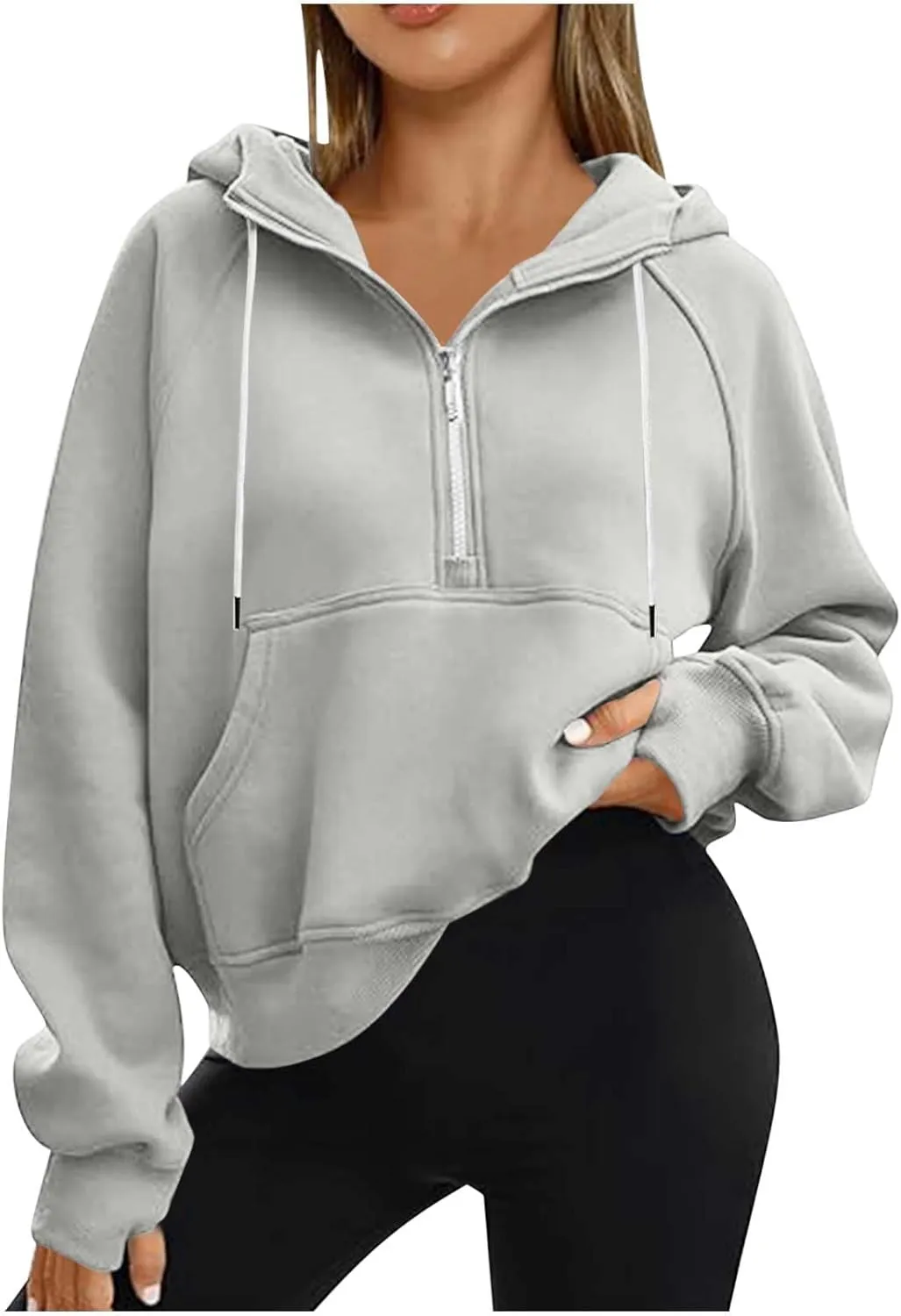 Half Zipper Cropped Hooded Sweatshirt for Women Long Sleeve Thumb Buckle Solid Sweatshirts 2024 Fall Trendy Clothes