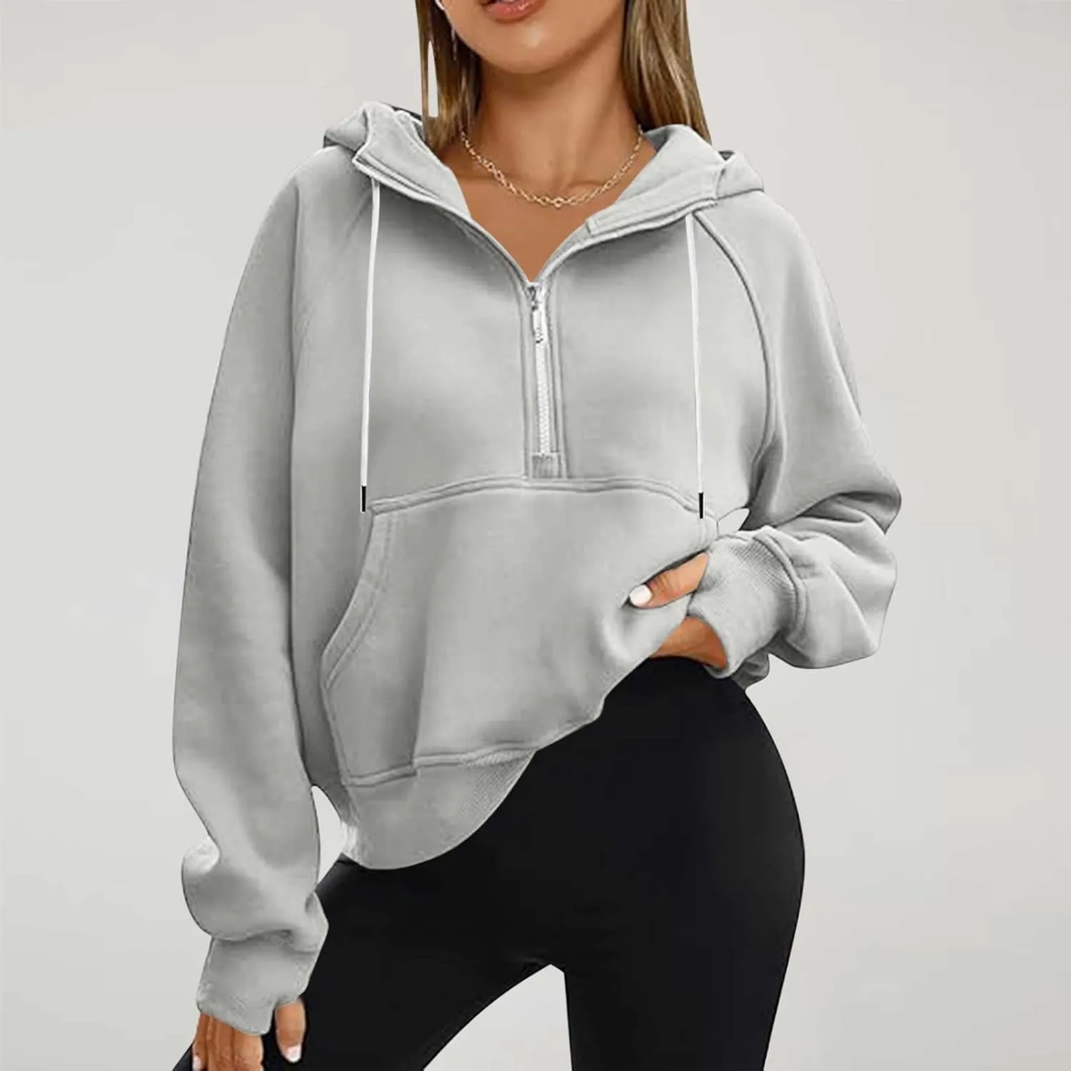 Half Zipper Cropped Hooded Sweatshirt for Women Long Sleeve Thumb Buckle Solid Sweatshirts 2024 Fall Trendy Clothes