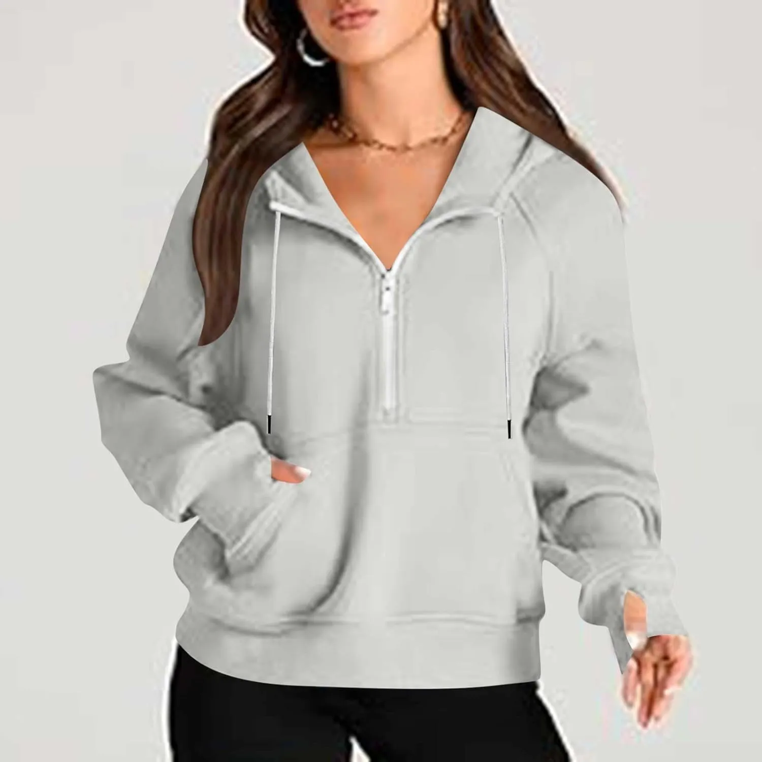 Half Zipper Cropped Hooded Sweatshirt for Women Long Sleeve Thumb Buckle Solid Sweatshirts 2024 Fall Trendy Clothes