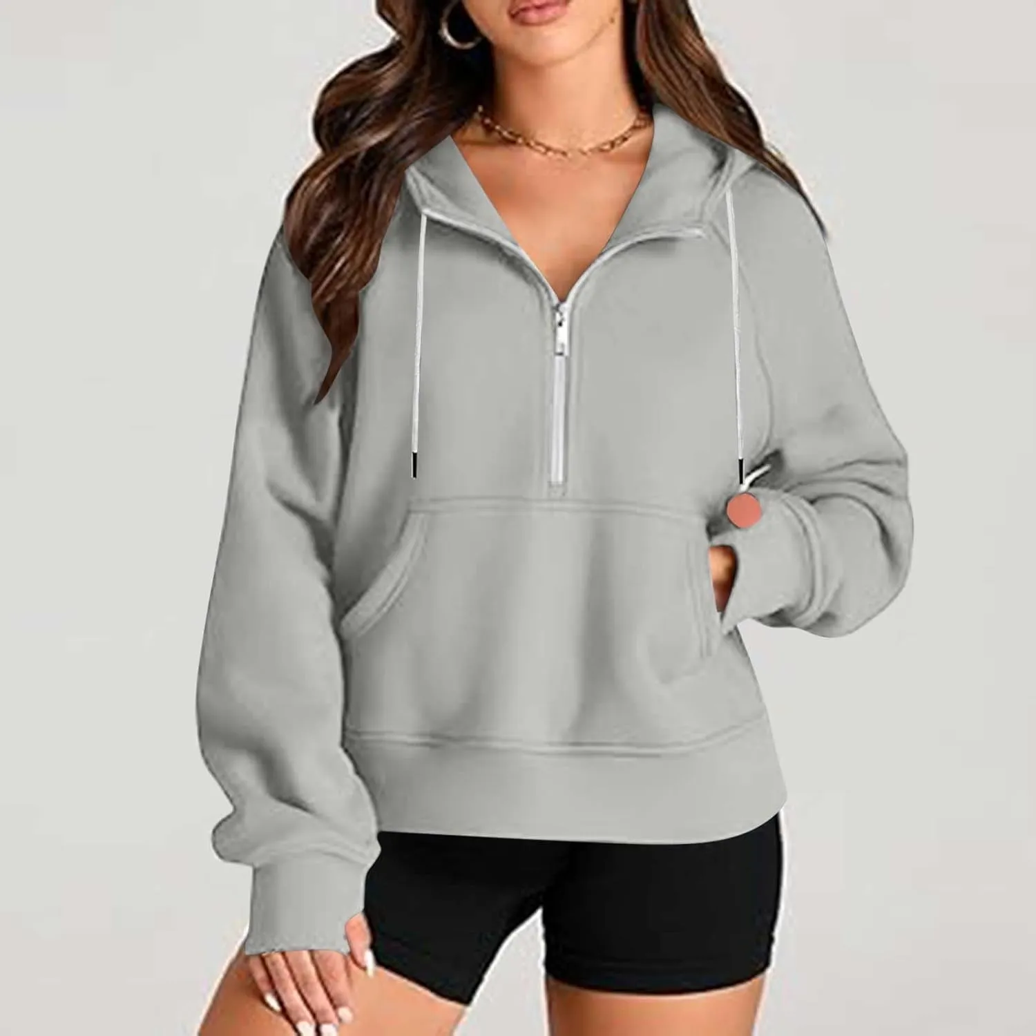 Half Zipper Cropped Hooded Sweatshirt for Women Long Sleeve Thumb Buckle Solid Sweatshirts 2024 Fall Trendy Clothes