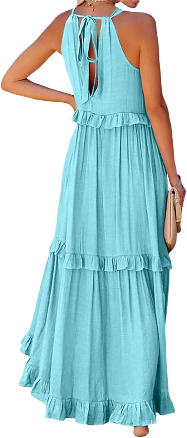 Halter Dresses for Women Flowy Tiered Ruffle Plus Size Summer Dresses Formal Beach Vacation Pleated Boho Maxi Dress