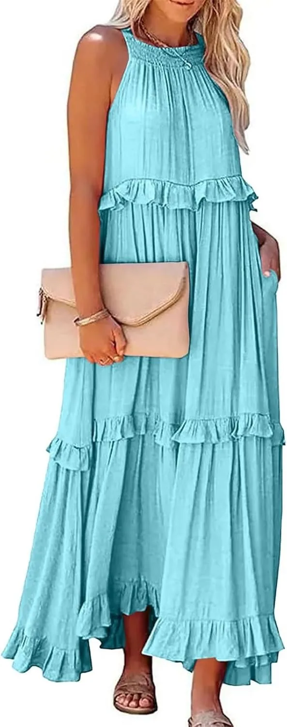 Halter Dresses for Women Flowy Tiered Ruffle Plus Size Summer Dresses Formal Beach Vacation Pleated Boho Maxi Dress