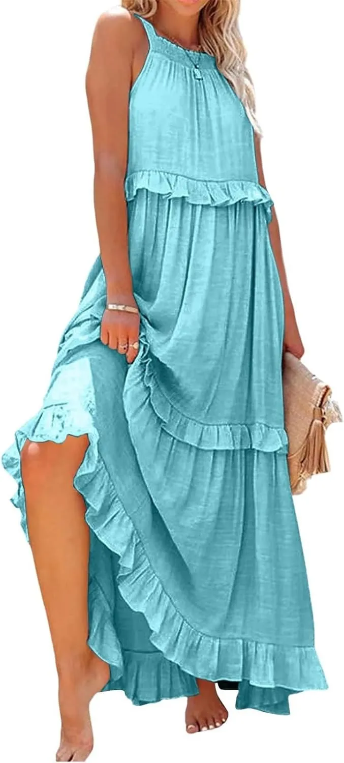 Halter Dresses for Women Flowy Tiered Ruffle Plus Size Summer Dresses Formal Beach Vacation Pleated Boho Maxi Dress