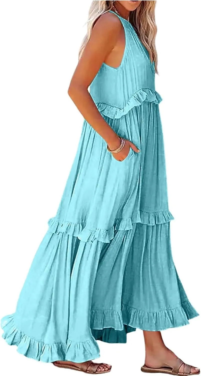 Halter Dresses for Women Flowy Tiered Ruffle Plus Size Summer Dresses Formal Beach Vacation Pleated Boho Maxi Dress