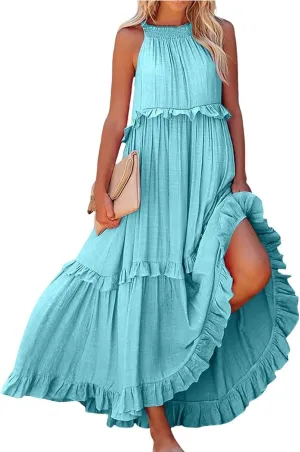 Halter Dresses for Women Flowy Tiered Ruffle Plus Size Summer Dresses Formal Beach Vacation Pleated Boho Maxi Dress