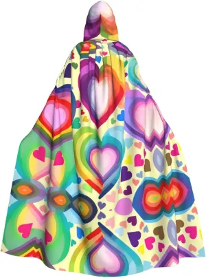 Hearts In Rainbow Colors Print Halloween Cloak Men Cape Renaissance Cloak With Hood, For Adult Cosplay Party Costume