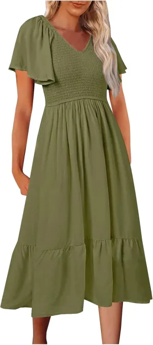 HGOOGY Womens Dresses Spring Vintage Women's Summer Casual Dresses Square Neck Short Sleeve Swing Plus Size Midi