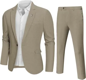 Hihawk Men 2 Piece Regular Fit Linen Suit, Casual Blazer Pants Set, Lightweight Jacket Trouser for Wedding Prom