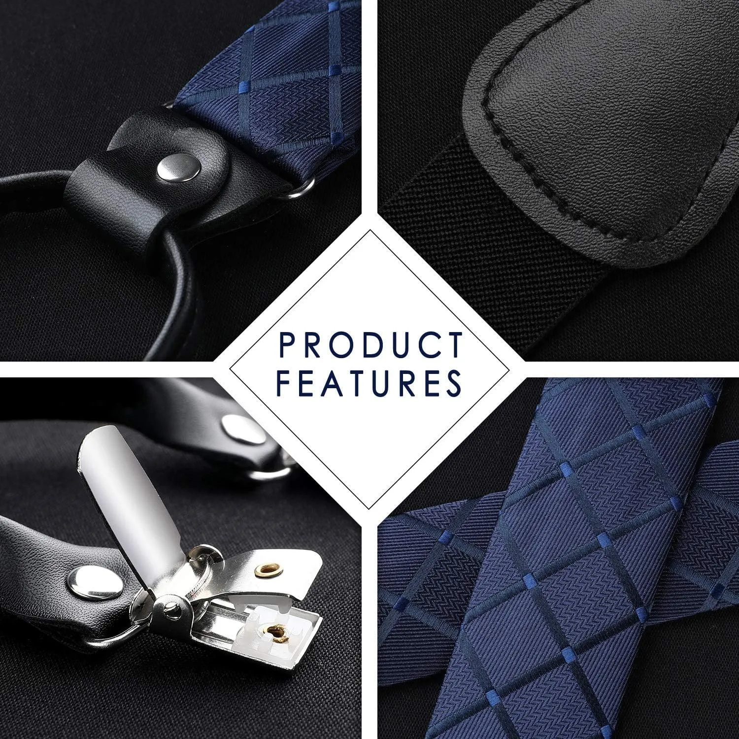HISDERN Bow tie and Suspenders for Men Plaid Suspender Self Bowtie Pocket Square Adjustable Y Shape Mens Trouser Braces