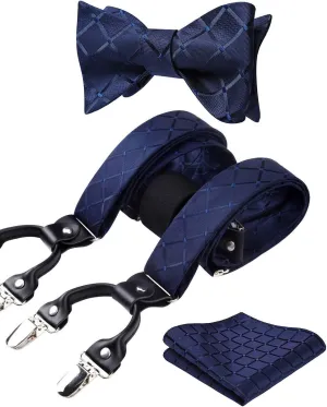 HISDERN Bow tie and Suspenders for Men Plaid Suspender Self Bowtie Pocket Square Adjustable Y Shape Mens Trouser Braces