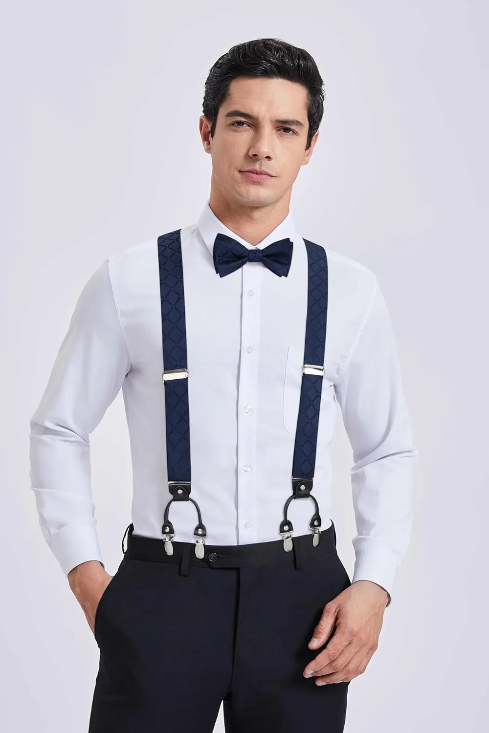 HISDERN Bow tie and Suspenders for Men Plaid Suspender Self Bowtie Pocket Square Adjustable Y Shape Mens Trouser Braces