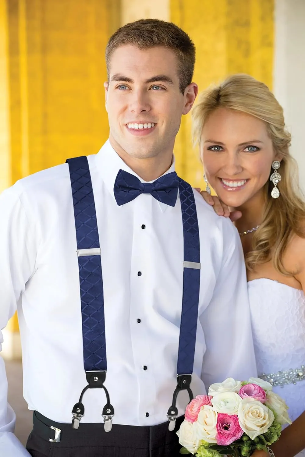 HISDERN Bow tie and Suspenders for Men Plaid Suspender Self Bowtie Pocket Square Adjustable Y Shape Mens Trouser Braces