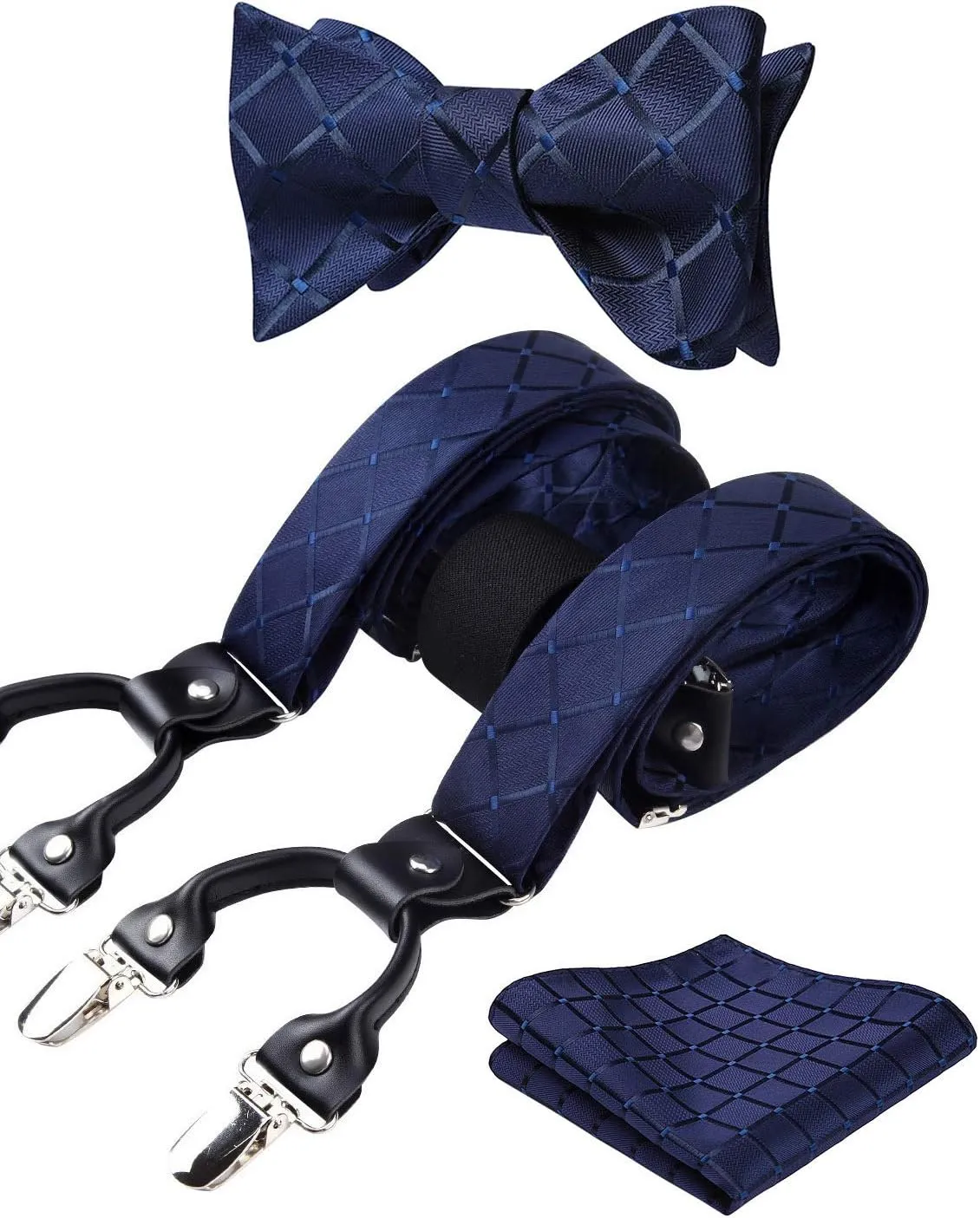 HISDERN Bow tie and Suspenders for Men Plaid Suspender Self Bowtie Pocket Square Adjustable Y Shape Mens Trouser Braces