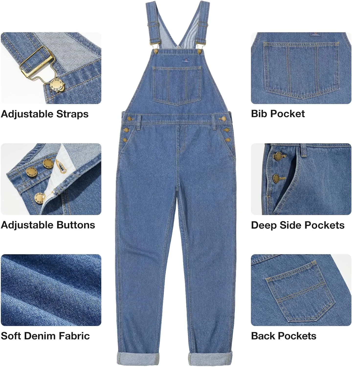 HISEA Womens Denim Bib Overalls, Women's Relaxed Fit Casual Jean Overall Workwear with Adjustable Straps and Pockets