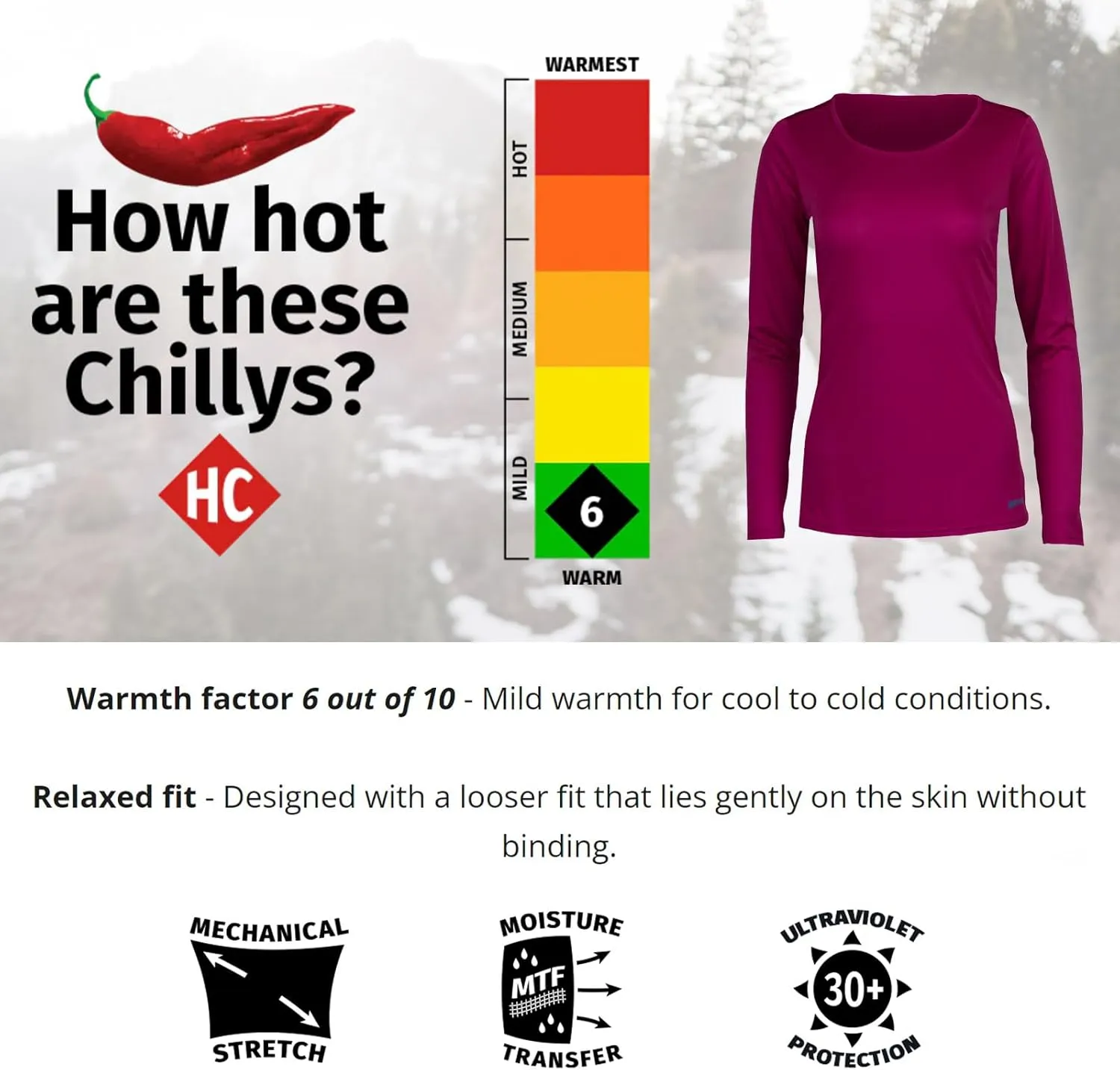 Hot Chillys Women's Peach Skins Solid Crewneck Lightweight Relaxed Fit Base Layer | Moisture-Wicking Long Sleeve Thermal Top