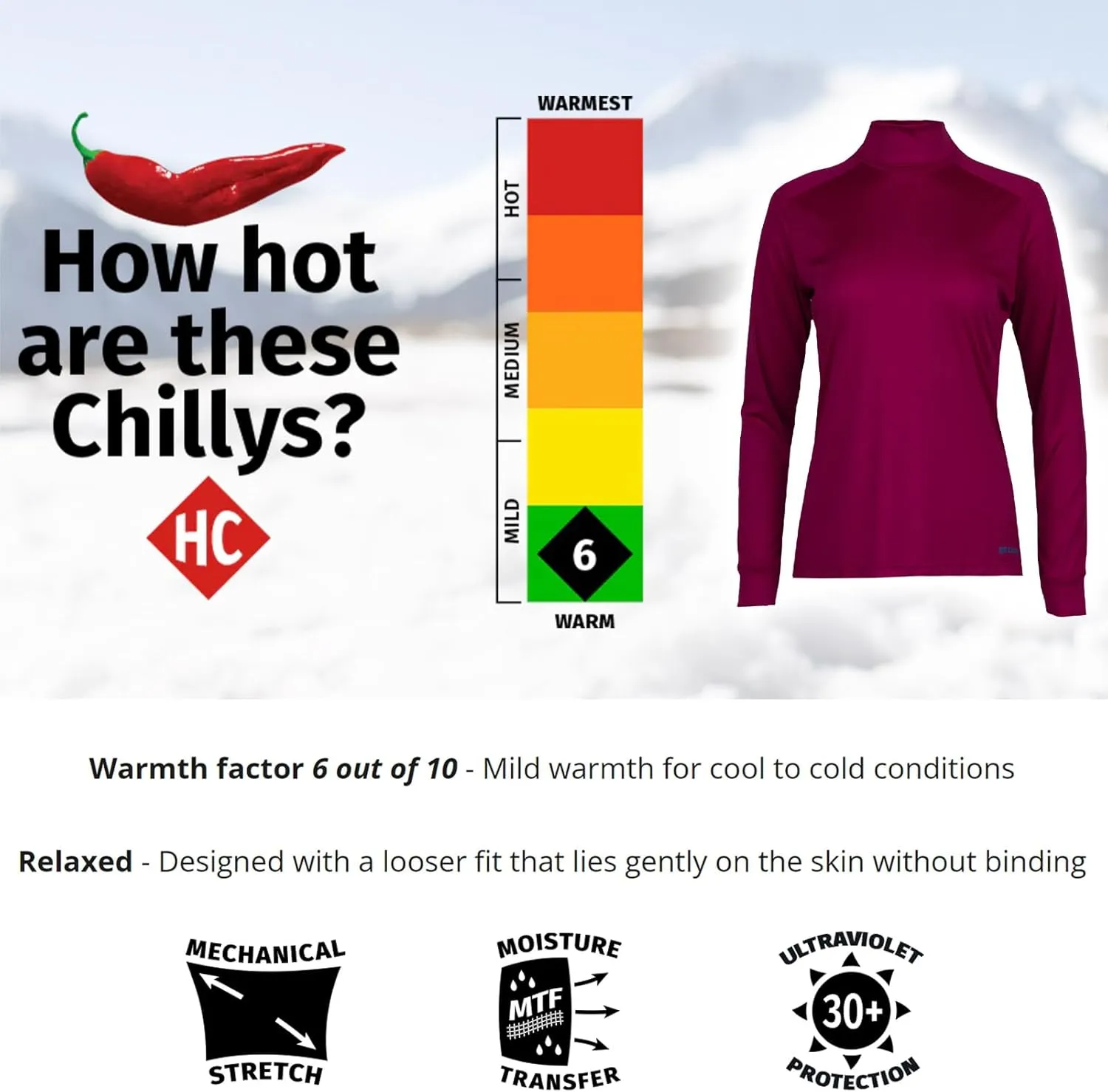 Hot Chillys Women's Peach Skins Solid T-Neck Lightweight Relaxed Fit Base Layer | Moisture-Wicking Long Sleeve Thermal Top
