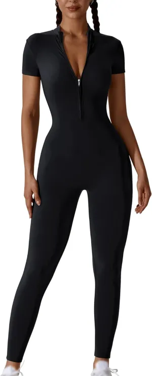Hotfiary Workout Jumpsuit for Women Long/Short Sleeve Bodycon Romper Zip Front Sport Casual Jumpsuits Stretchy Playsuit