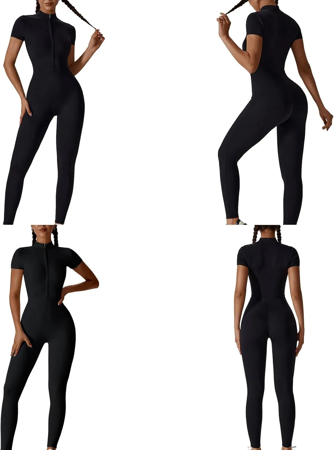 Hotfiary Workout Jumpsuit for Women Long/Short Sleeve Bodycon Romper Zip Front Sport Casual Jumpsuits Stretchy Playsuit