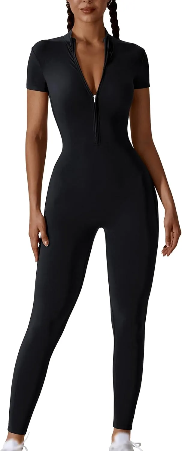 Hotfiary Workout Jumpsuit for Women Long/Short Sleeve Bodycon Romper Zip Front Sport Casual Jumpsuits Stretchy Playsuit