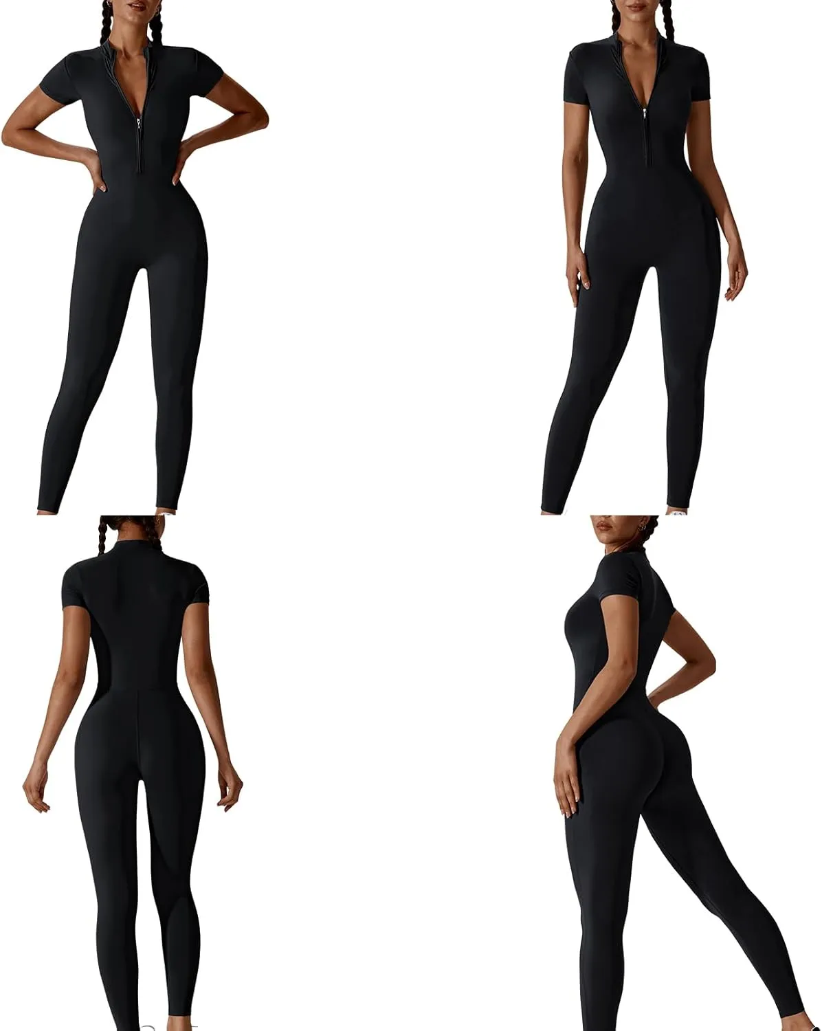 Hotfiary Workout Jumpsuit for Women Long/Short Sleeve Bodycon Romper Zip Front Sport Casual Jumpsuits Stretchy Playsuit