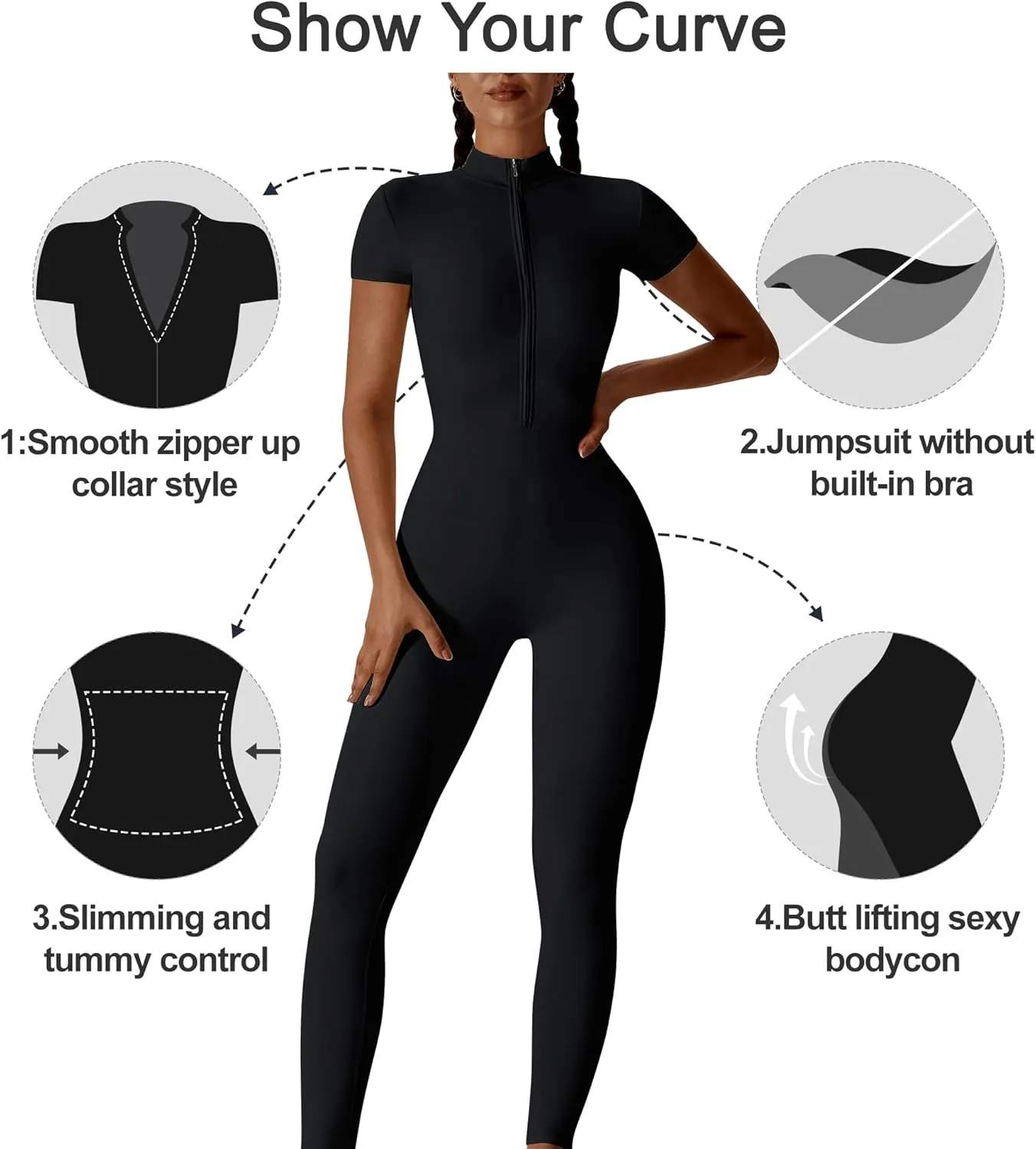 Hotfiary Workout Jumpsuit for Women Long/Short Sleeve Bodycon Romper Zip Front Sport Casual Jumpsuits Stretchy Playsuit