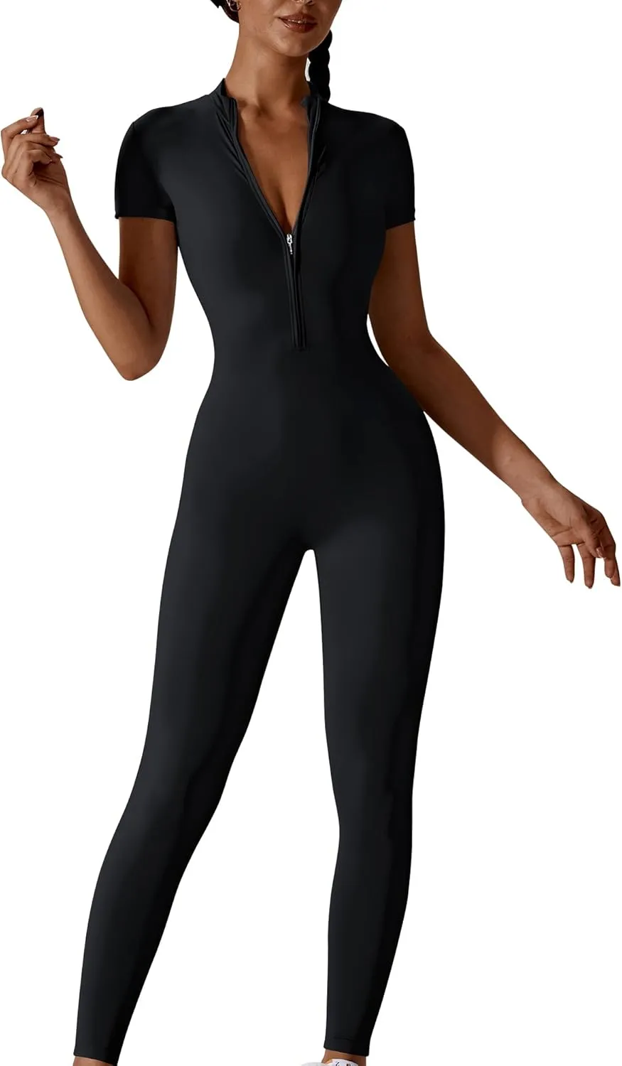 Hotfiary Workout Jumpsuit for Women Long/Short Sleeve Bodycon Romper Zip Front Sport Casual Jumpsuits Stretchy Playsuit