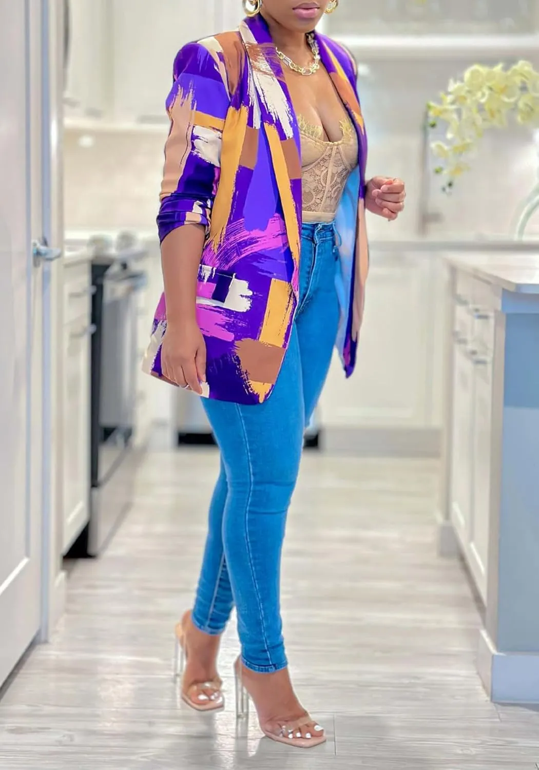 HuiSiFang Women's Printed Blazer Jacket Long Sleeve Open Front Casual Multicolor Print Top