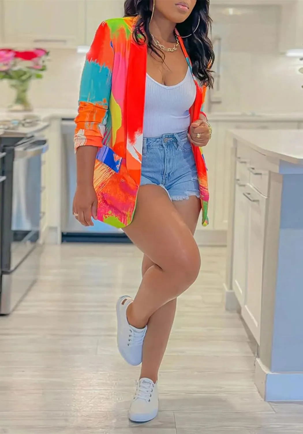 HuiSiFang Women's Printed Blazer Jacket Long Sleeve Open Front Casual Multicolor Print Top