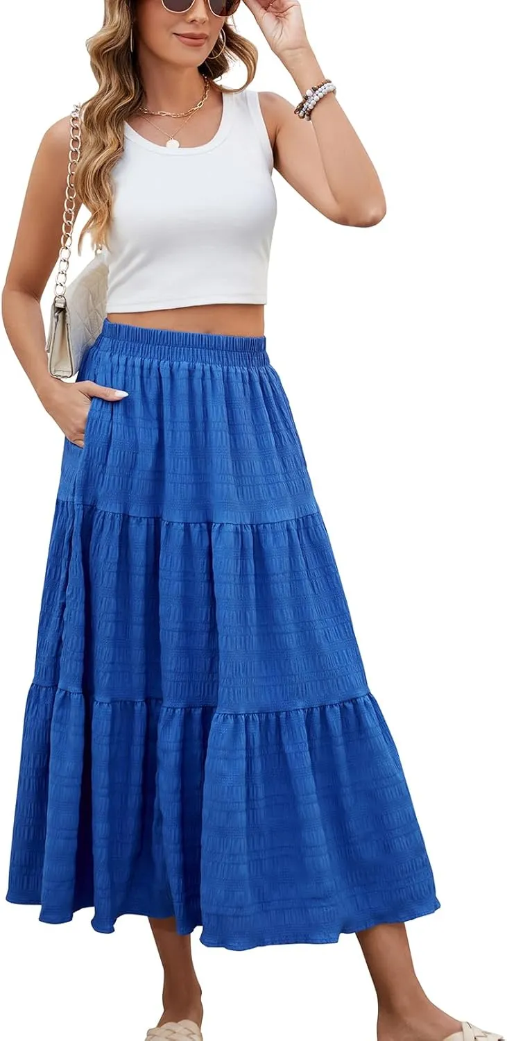 HUSKARY Women's Summer Casual Elegant Smock Layered Tiered Maxi Skirt High Waisted A Line Flowy Long Skirts with Pockets