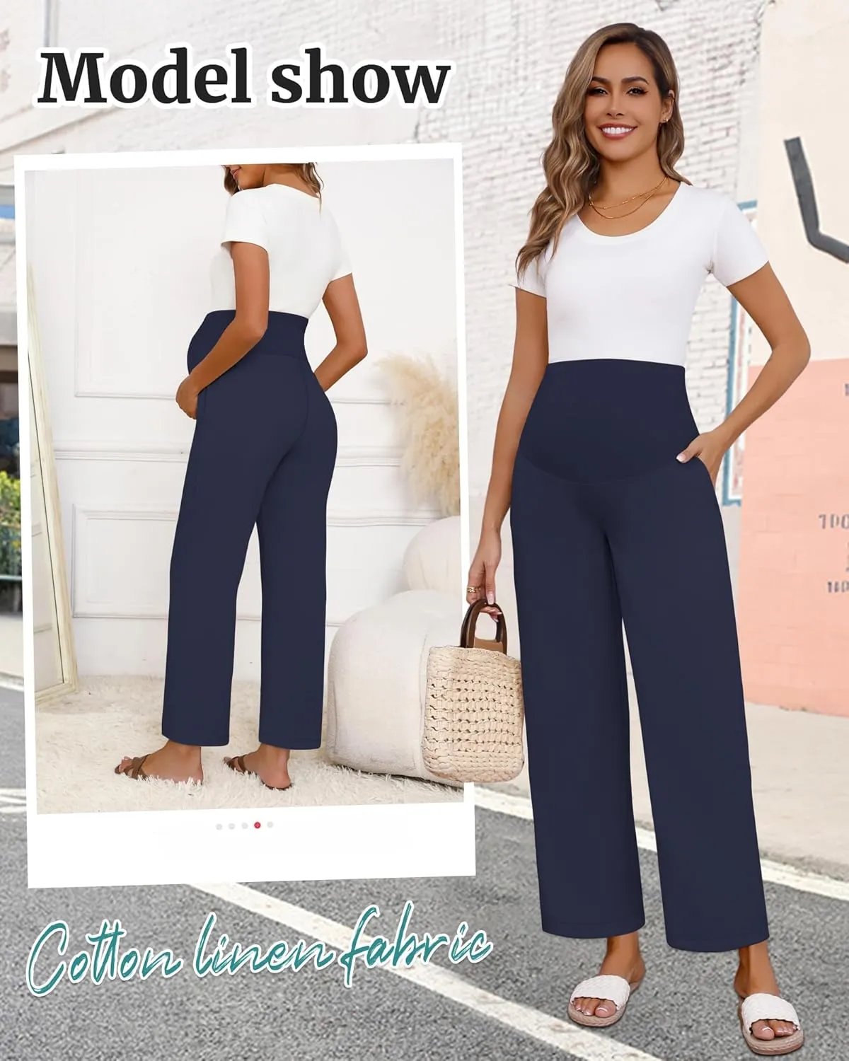 Huukeay Women's Cotton Linen Maternity Pants, High Waisted Lounge Pregnancy Pants Over The Belly Trousers with Pockets